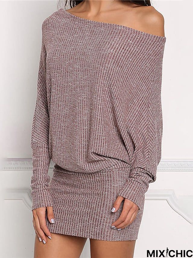 Women's Bodycon Mini Dress Pink Purple Gray Long Sleeve Pure Color Cold Shoulder Winter Fall Autumn Off Shoulder Stylish Winter Dress Weekend Fall Dress 2022 S M L XL
