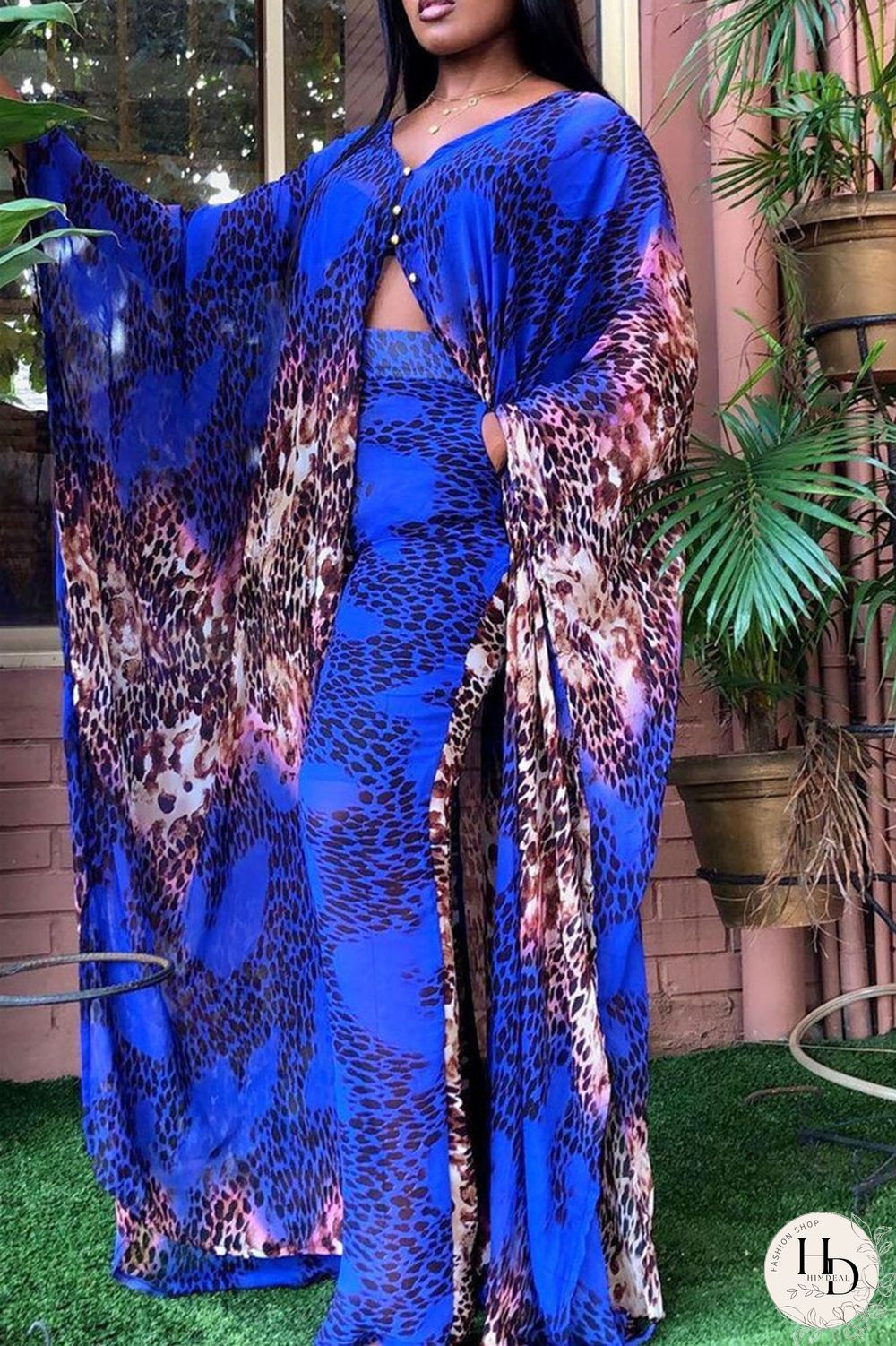 Blue Fashion Casual Print Slit V Neck Long Sleeve Two Pieces