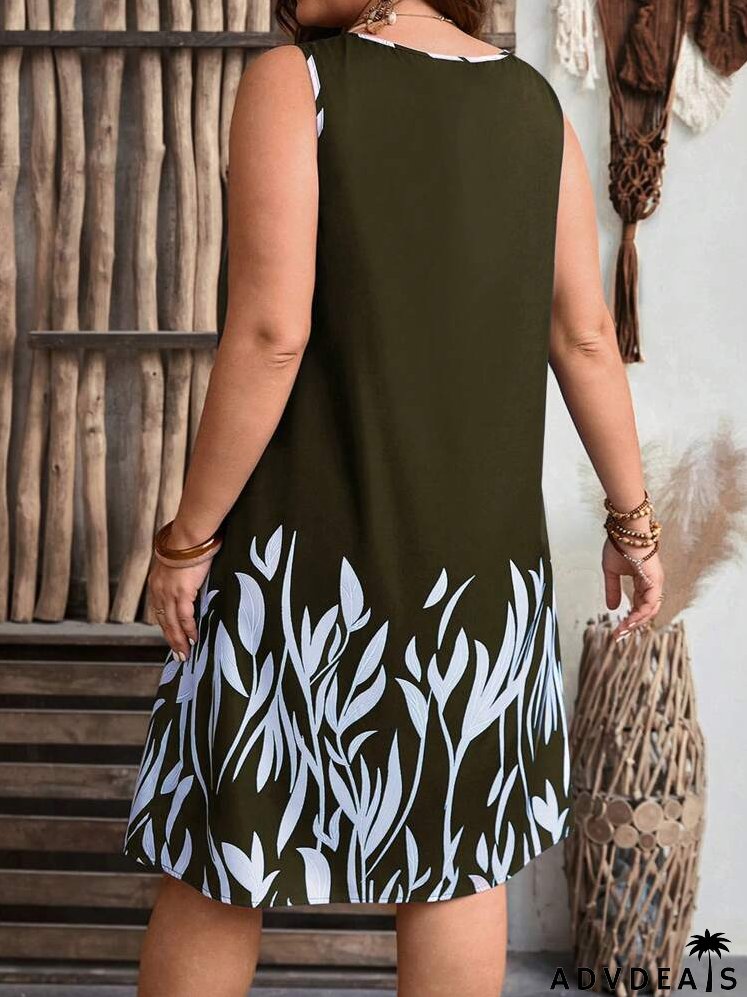 Plus Size Round Neck Sleeveless Printed Summer Holiday Dress