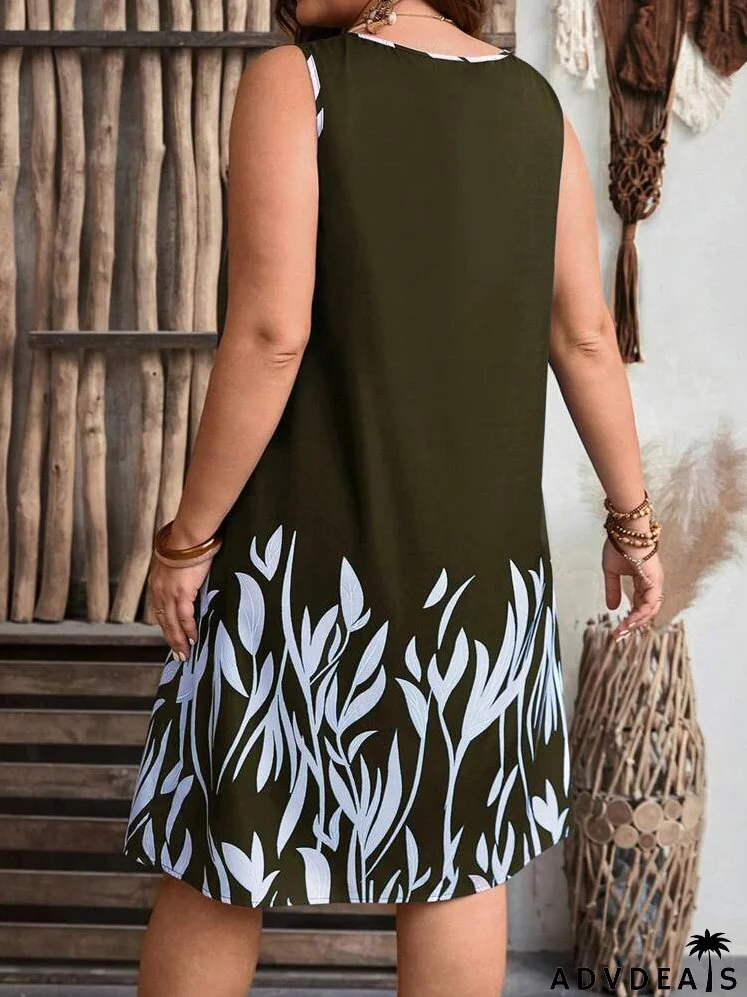 Plus Size Round Neck Sleeveless Printed Summer Holiday Dress