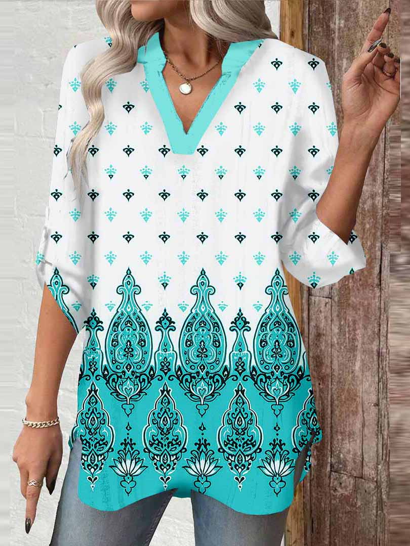 Women Paisley,Blue DZGA0009 3/4 Sleeve V-neck Printed Graphic Button Tops