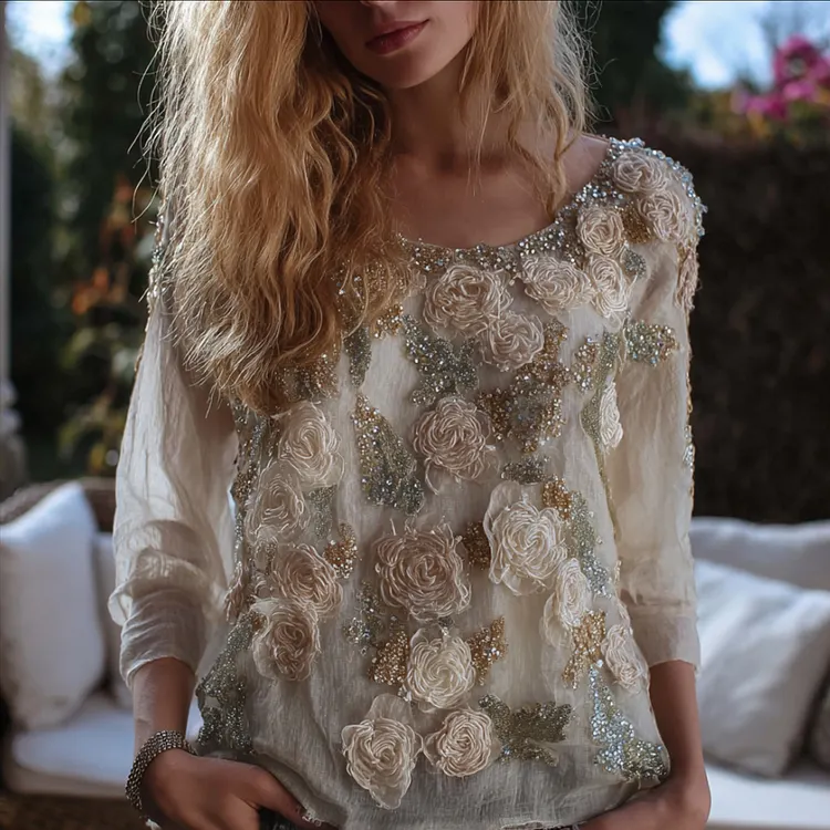 Ladies' Three-dimensional Flower Vintage Round-neck Long-sleeved Top
