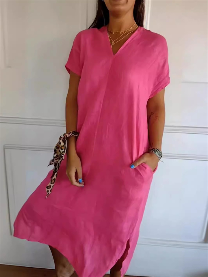 Summer Women's New Cotton and Linen V-neck Short-sleeved Slit Loose Dress V-neck Solid Color Mid-length Skirt
