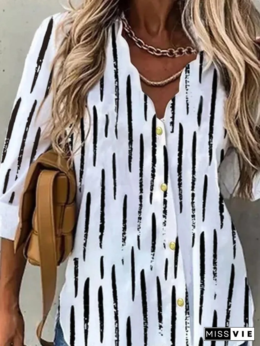 V Neck Striped Long Sleeve Casual Blouse
