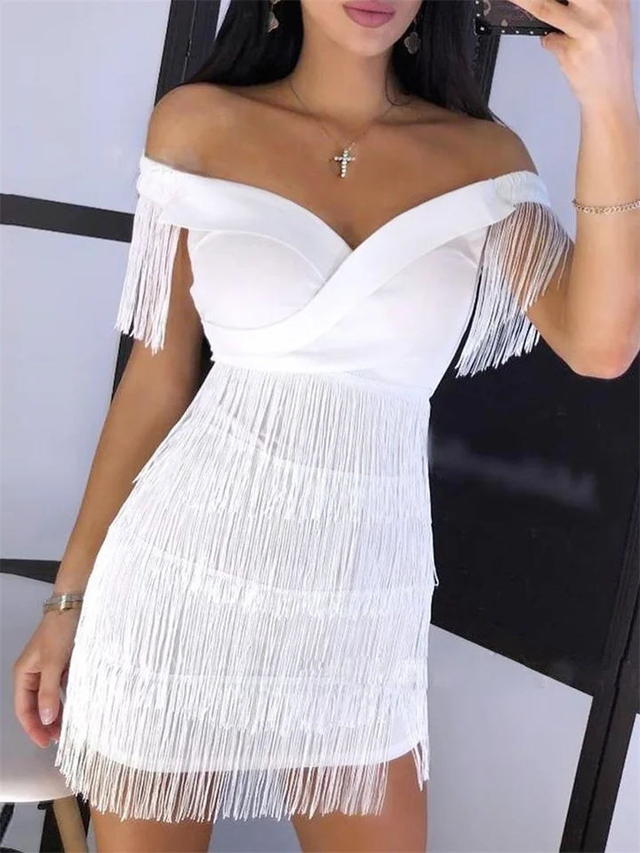 Hot Women's Clothing Spot New Off Shoulder Fringe Tight White Dresses | EGEMISS