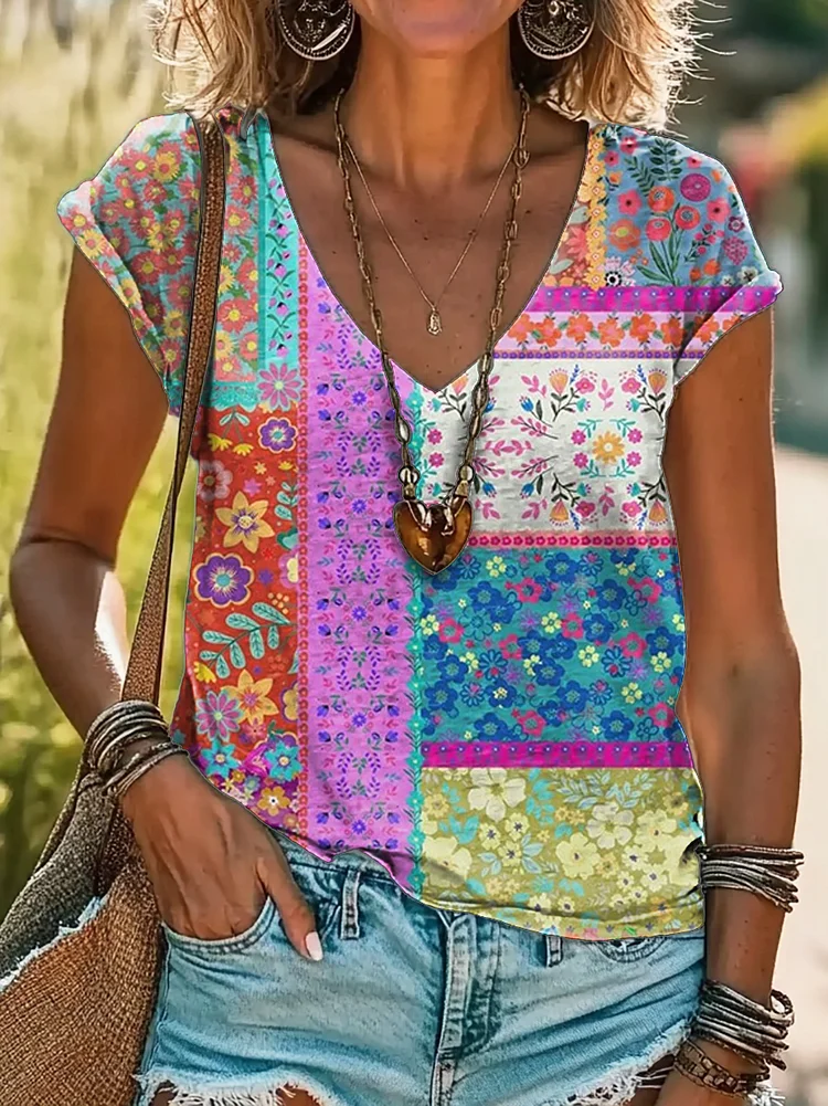 Women's Floral Patchwork Art Print Cotton V Neck T-Shirt