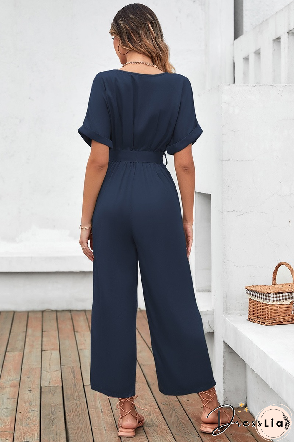 Fashion Casual Skinny Women Jumpsuit For Summer Women Jumpsuit New V Neck Lace-up Solid Waist Short Sleeve Jumpsuit