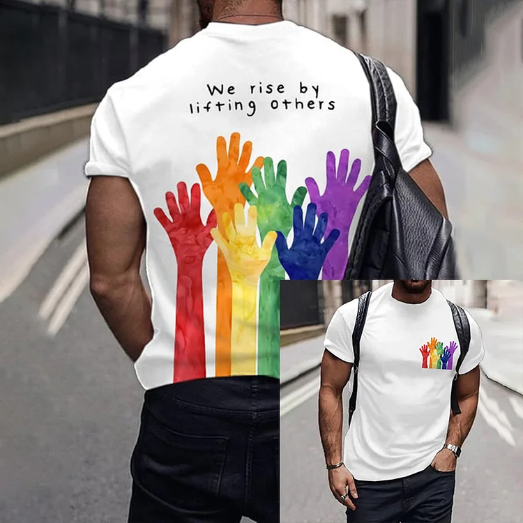 BrosWear We Rise By Lifting Others Heart Rainbow Print Short Sleeve T-Shirt