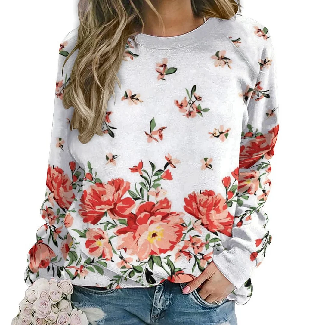 Printed Long Sleeve Casual Sweatshirt for  Women and Men Unisex Pattern Floral, Red, Green