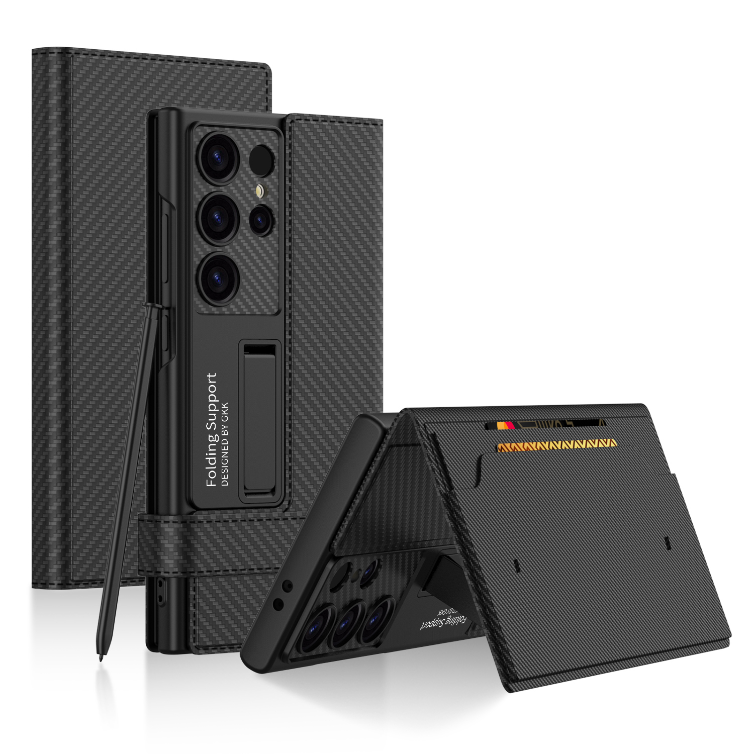 Leather Flip Card Clip Wallet Phone Case For Samsung Galaxy S3/24/25 Ultra Carbon Fibre Bracket Shockproof Phone Cover