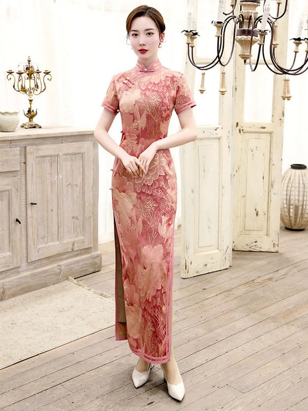 Original Applique Stand Collar Long Cheongsams