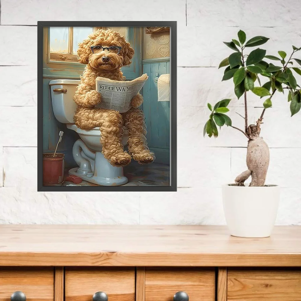 11CT Full Stamped Cross Stitch - Puppy Reading Newspaper In Toilet (40*50cm)