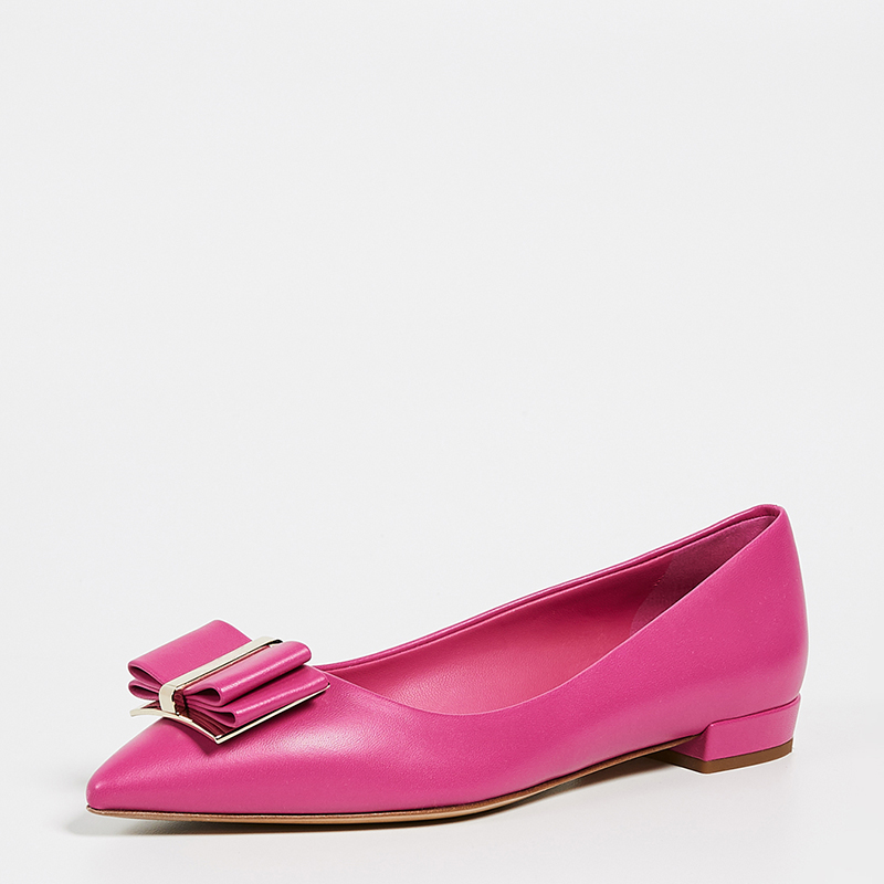 TAAFO Dark Pink Leather Basic Women's Flats Butterfly-Knot Low Square Heels Pointed Toe Lady Office 