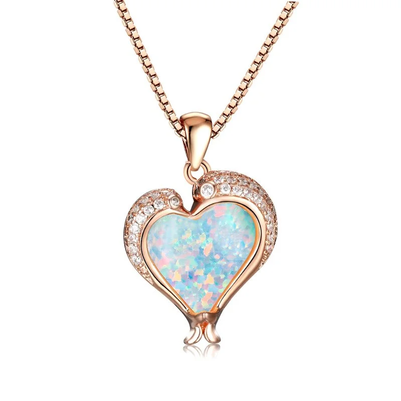 Cute Love Heart Stone Necklace White Blue Opal Dolphin Pendant Necklace Rose Gold Silver Color Chain Necklaces For Women