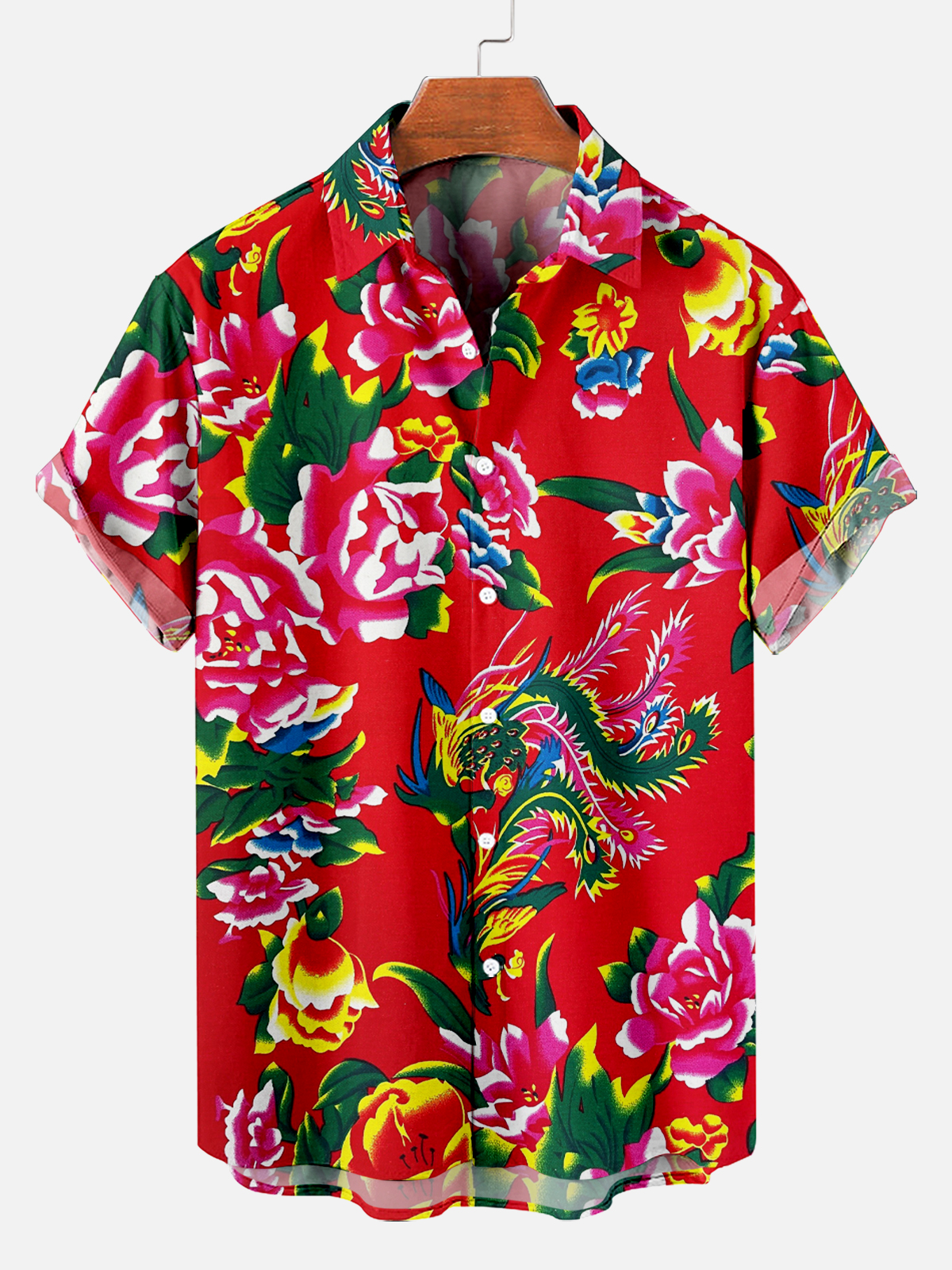 Men's Northeastern Flower and Phoenix Fashion Casual Short Sleeve Shirt PLUSCLOTHESMAN