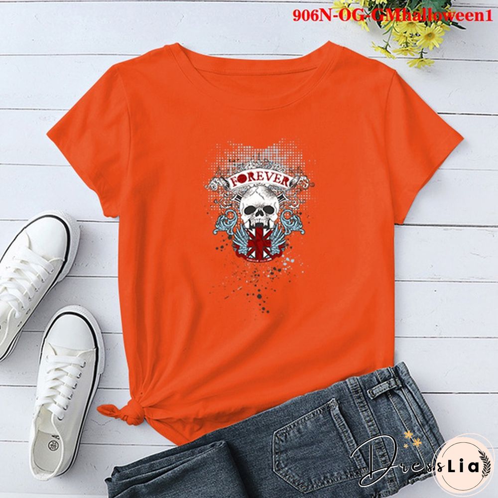Fashion Funny Halloween Printed T-shirts Women Summer Casual Short Sleeved T-shirts Round Neck Tops