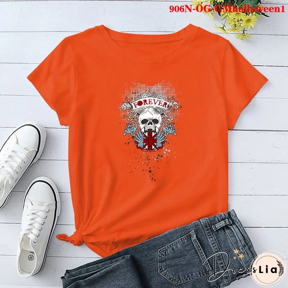 Fashion Funny Halloween Printed T-shirts Women Summer Casual Short Sleeved T-shirts Round Neck Tops
