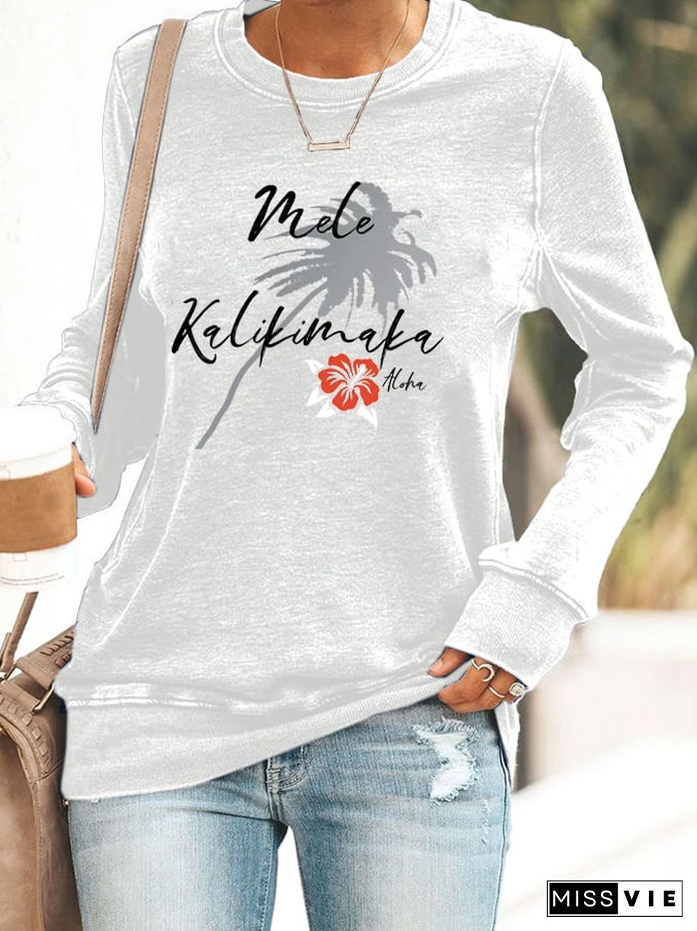 Women's Christmas Hawaiian Mele Kalikimaka Hibiscus Flower Print Sweatshirt