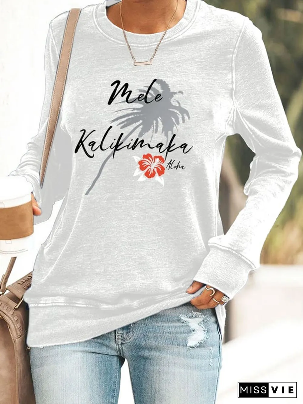 Women's Christmas Hawaiian Mele Kalikimaka Hibiscus Flower Print Sweatshirt
