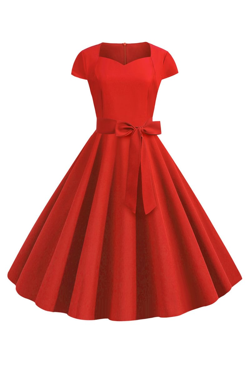 1950s Red Retro Solid Casual A-Line Short Sleeve Midi Dress