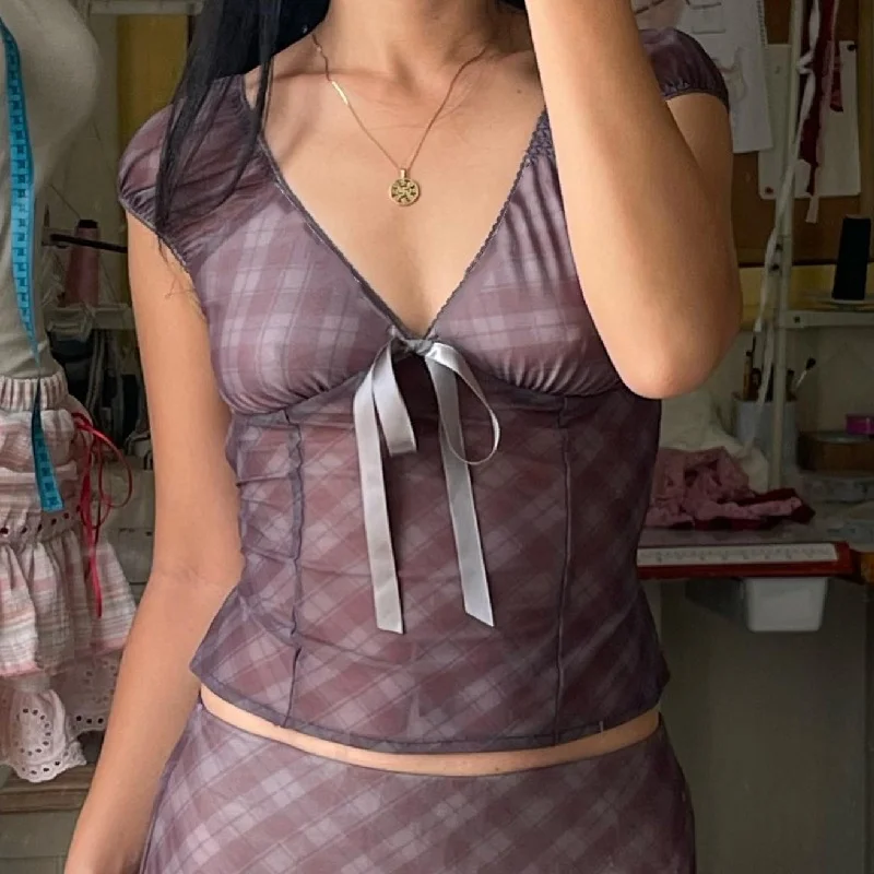 Uveng Uveng Summer New Fashion Hot Girl Retro Plaid Lace Mesh Stitching Short Jacket Female