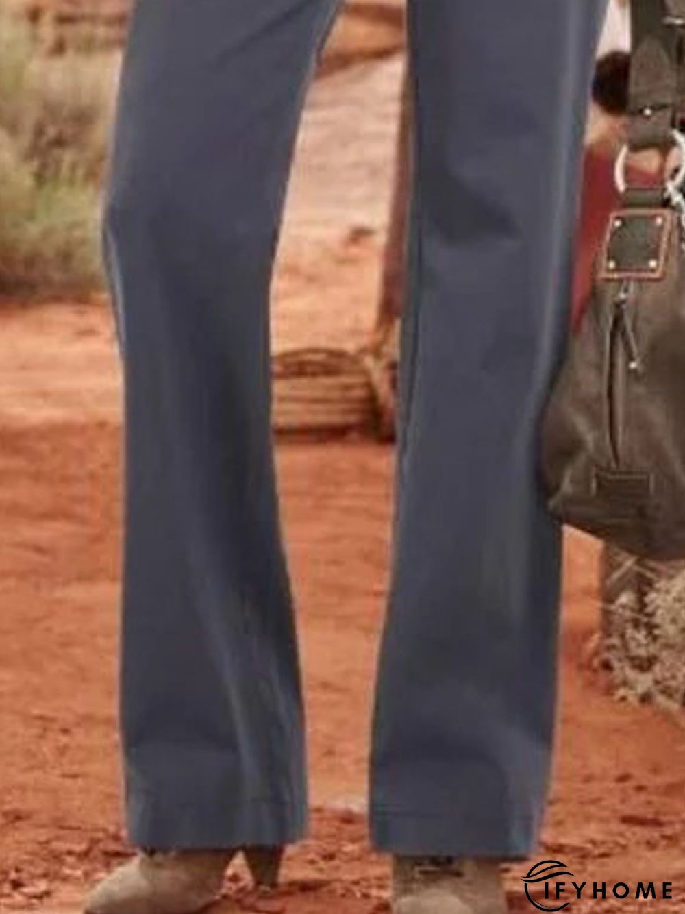 Gray Plain Cotton-Blend Casual Pants | IFYHOME