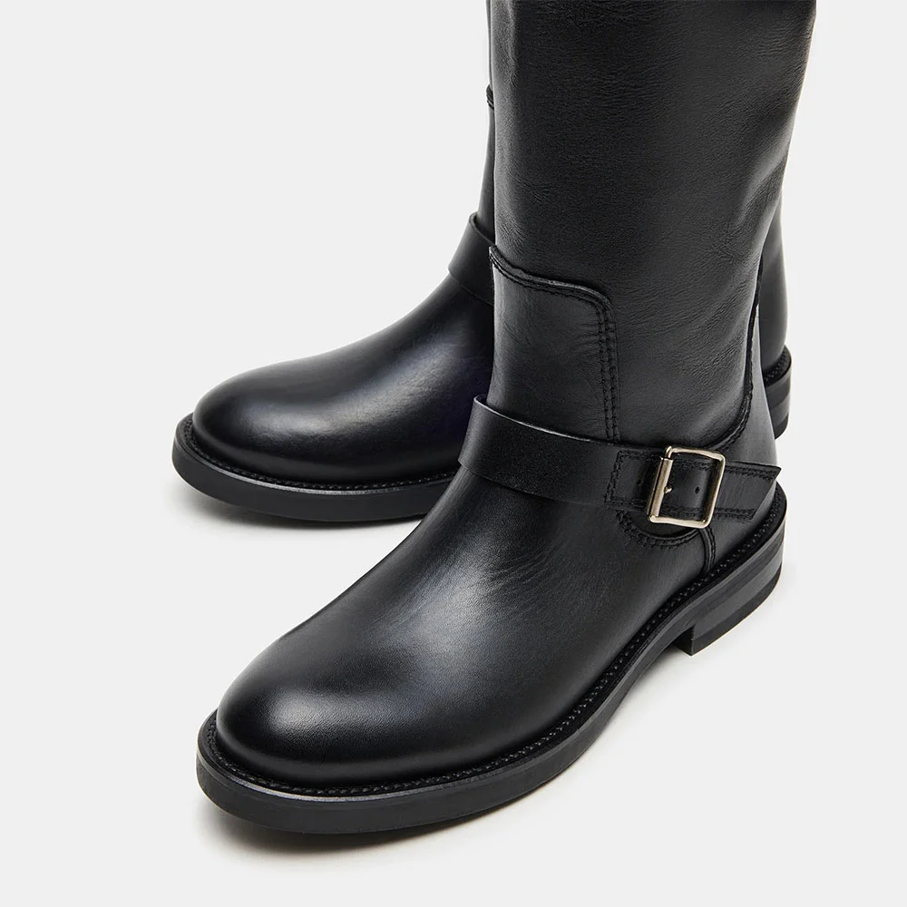 Black Round Toe Chunky Heel Buckle Knee High Boots for Women