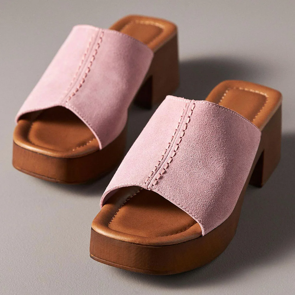 Pink Vegan Suede Chunky Heel Open-Toe Mules for Women with Platform