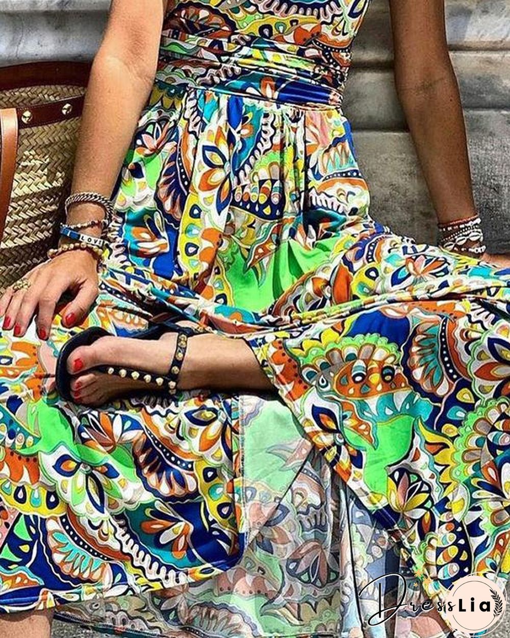 Printing One Shoulder Sleeveless Bohemian Long Dress