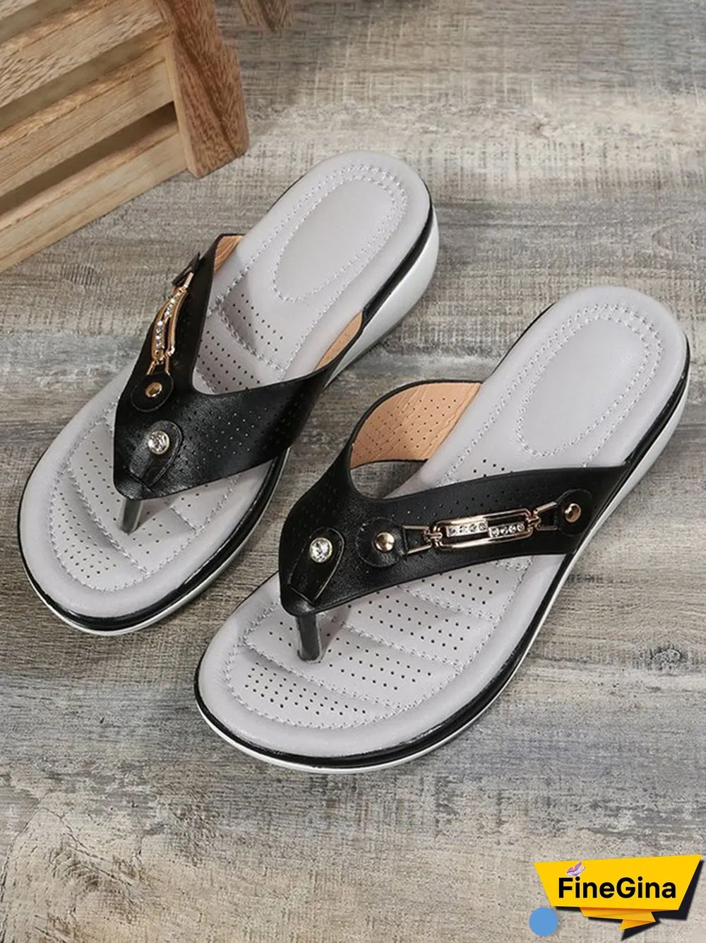 Metal Rhinestone Slope Heel Flip-Flops