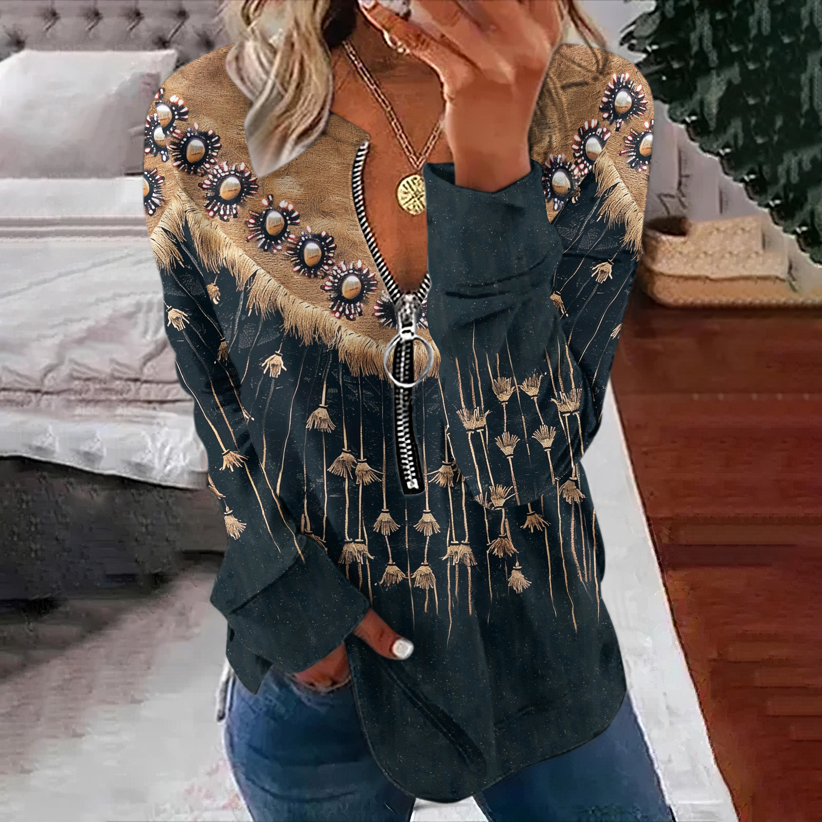  Western Print V-Neck Zipper Sweatshirt Westsshops