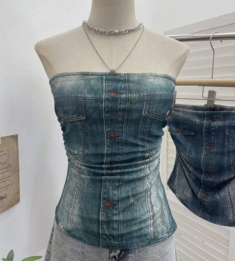 Nigikala Nigikala Shooting Denimed Tie-Dye Printing Mesh Yarn Tectar Tset With Chest Cushion Anti-Slip Vest Short Top 1255