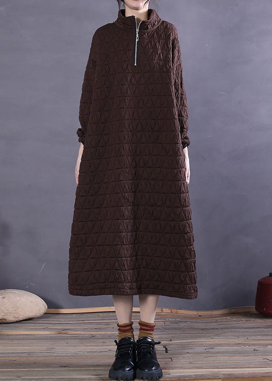 Coffee Stand Collar Cotton Casual Long Dress Winter CK1128- Fabulory