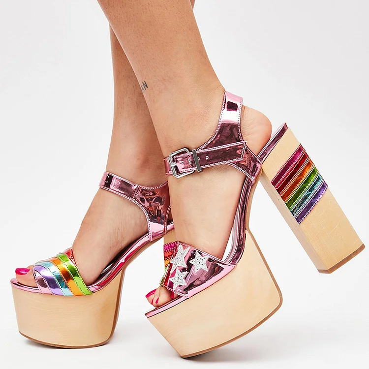 Multicolor Chunky Heel Shoes Women's Platform Sandal Stars Heels |FSJ Shoes