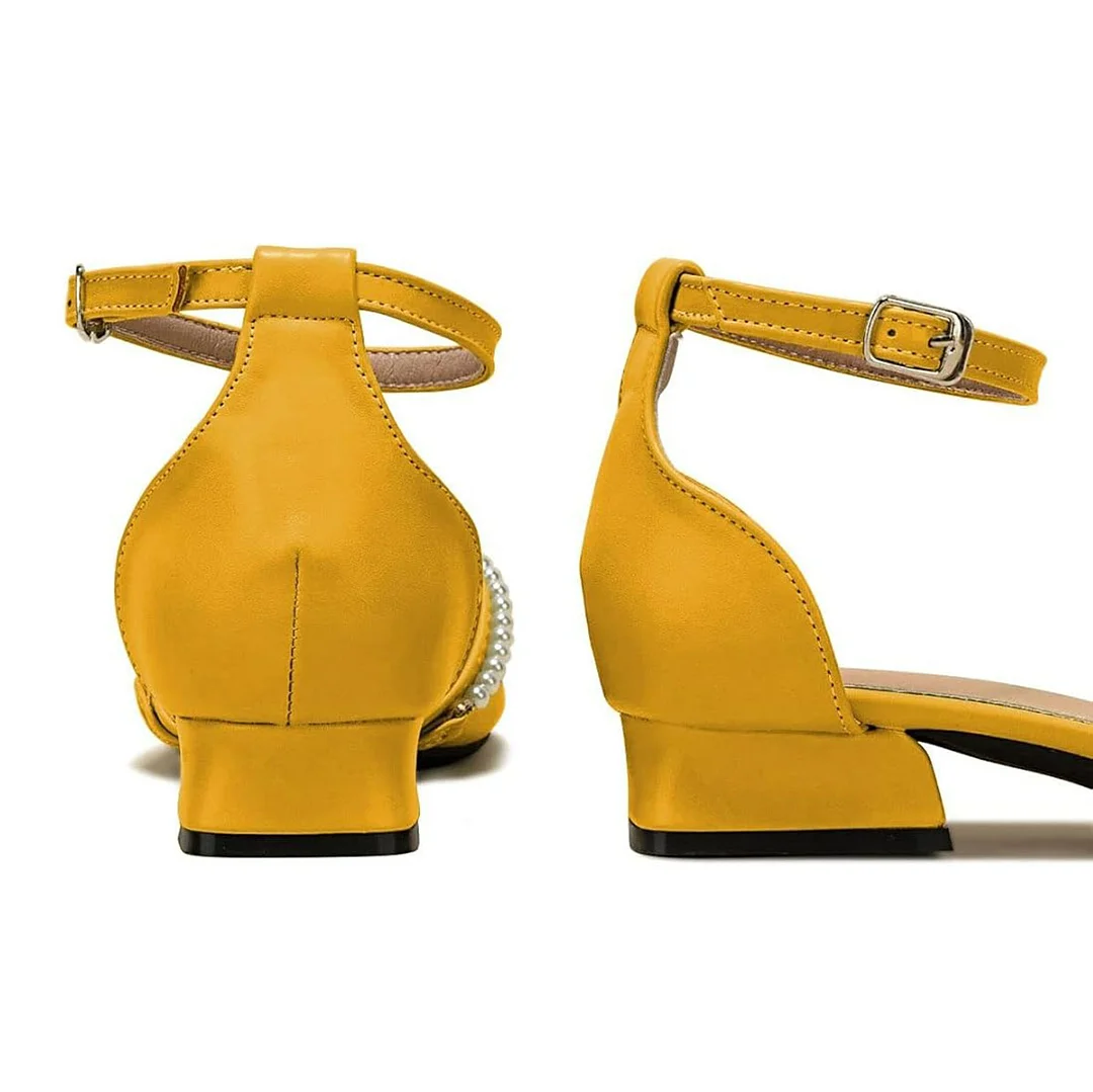 Yellow Pointed Toe Flat Buckle Ankle Strap Pearl Pumps Shoes