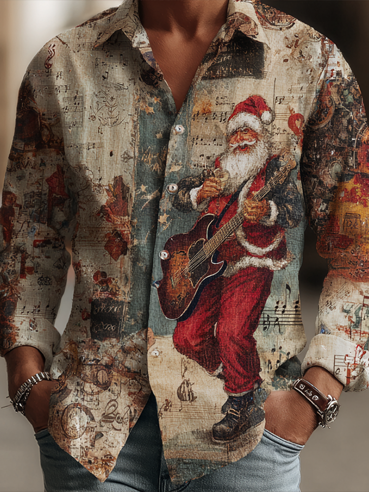 Retro Music Santa Claus Pattern Printed Men's Cotton And Linen Shirt  artssus