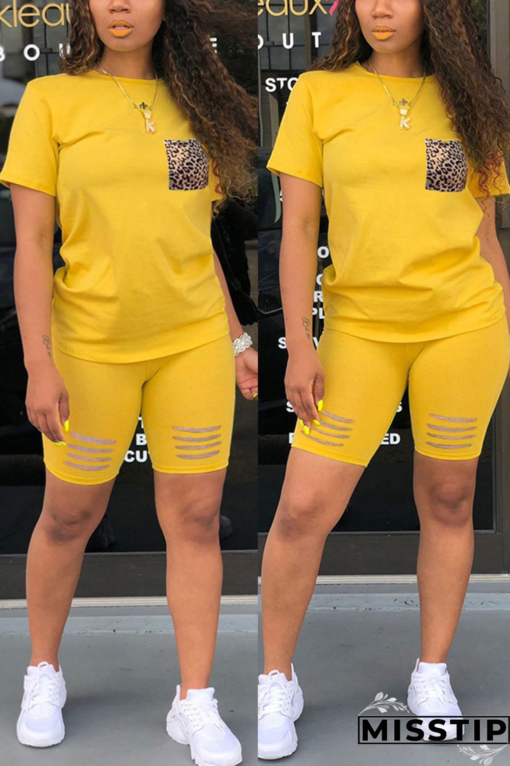 Yellow Fashion Casual Leopard Print Pocket Set