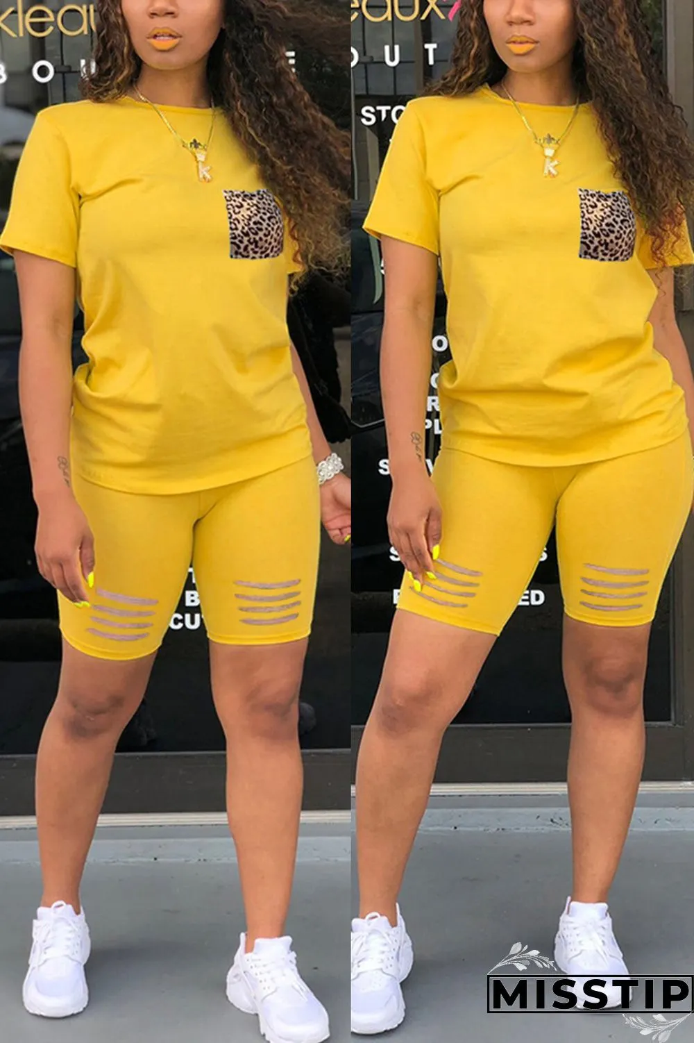 Yellow Fashion Casual Leopard Print Pocket Set