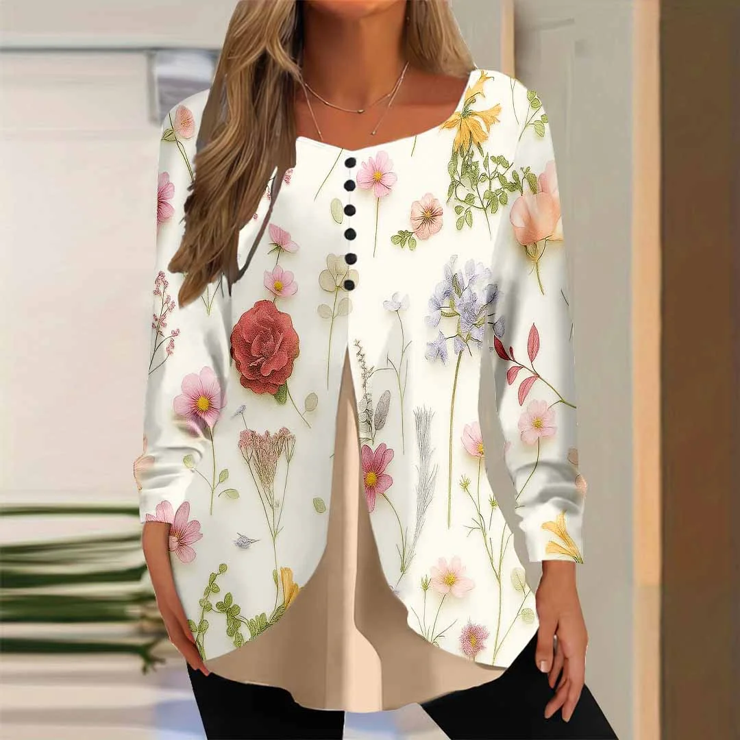 Women Floral,Apricot DZGG8364 Long Sleeve Scoop Neck Printed Graphic Button Fake 2in1 Tops