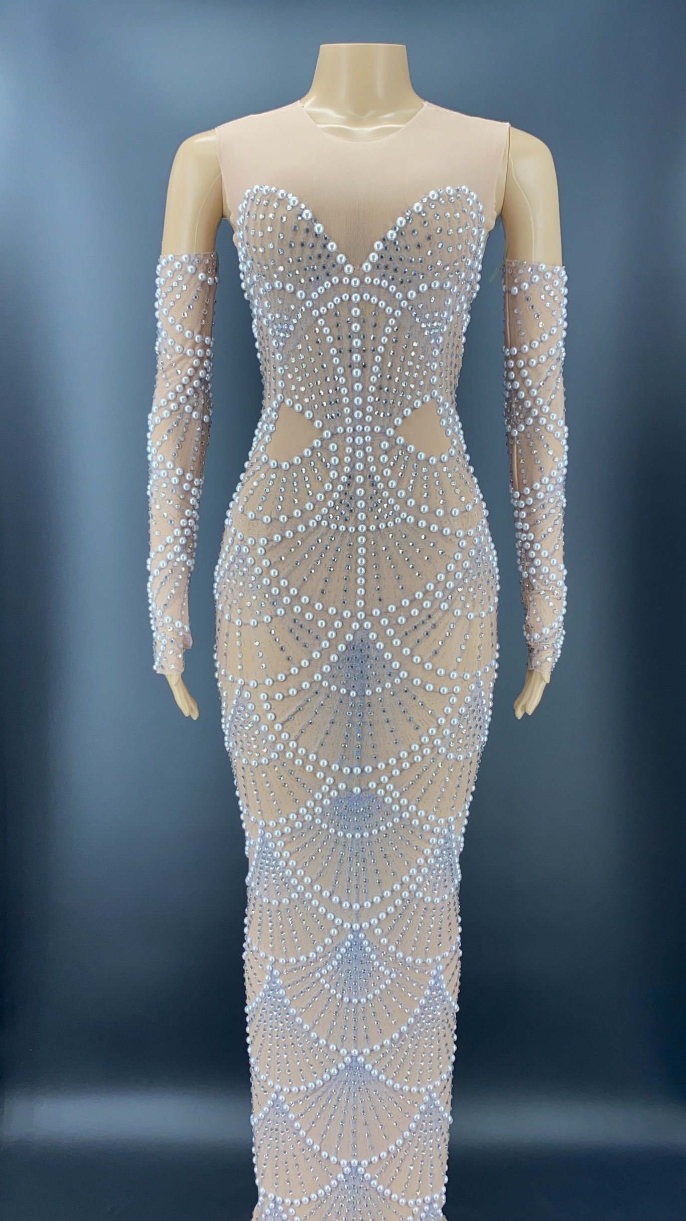GOOSHOE Costume Long Sleeves Flashing Rhinestone Pearls Transparent Dress Prom
