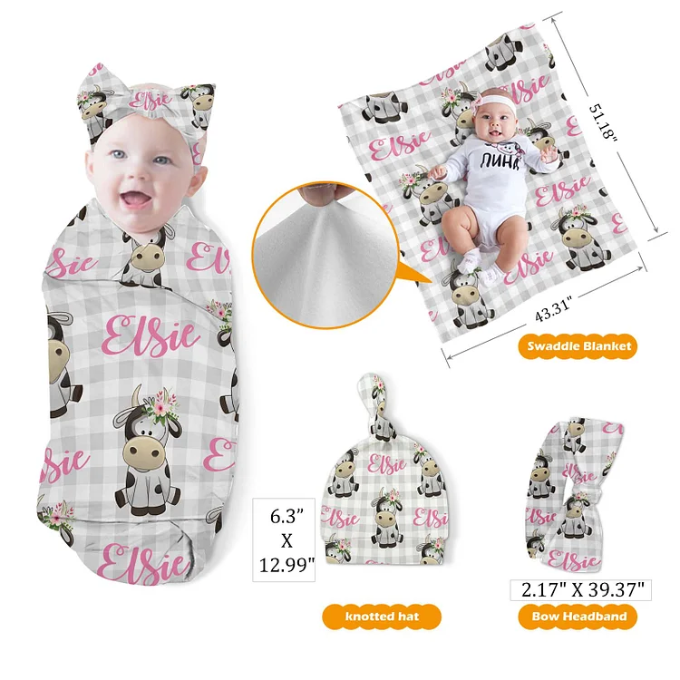 Personalized Cow Baby Swaddle Newborn Swaddle Blanket Set|Set42