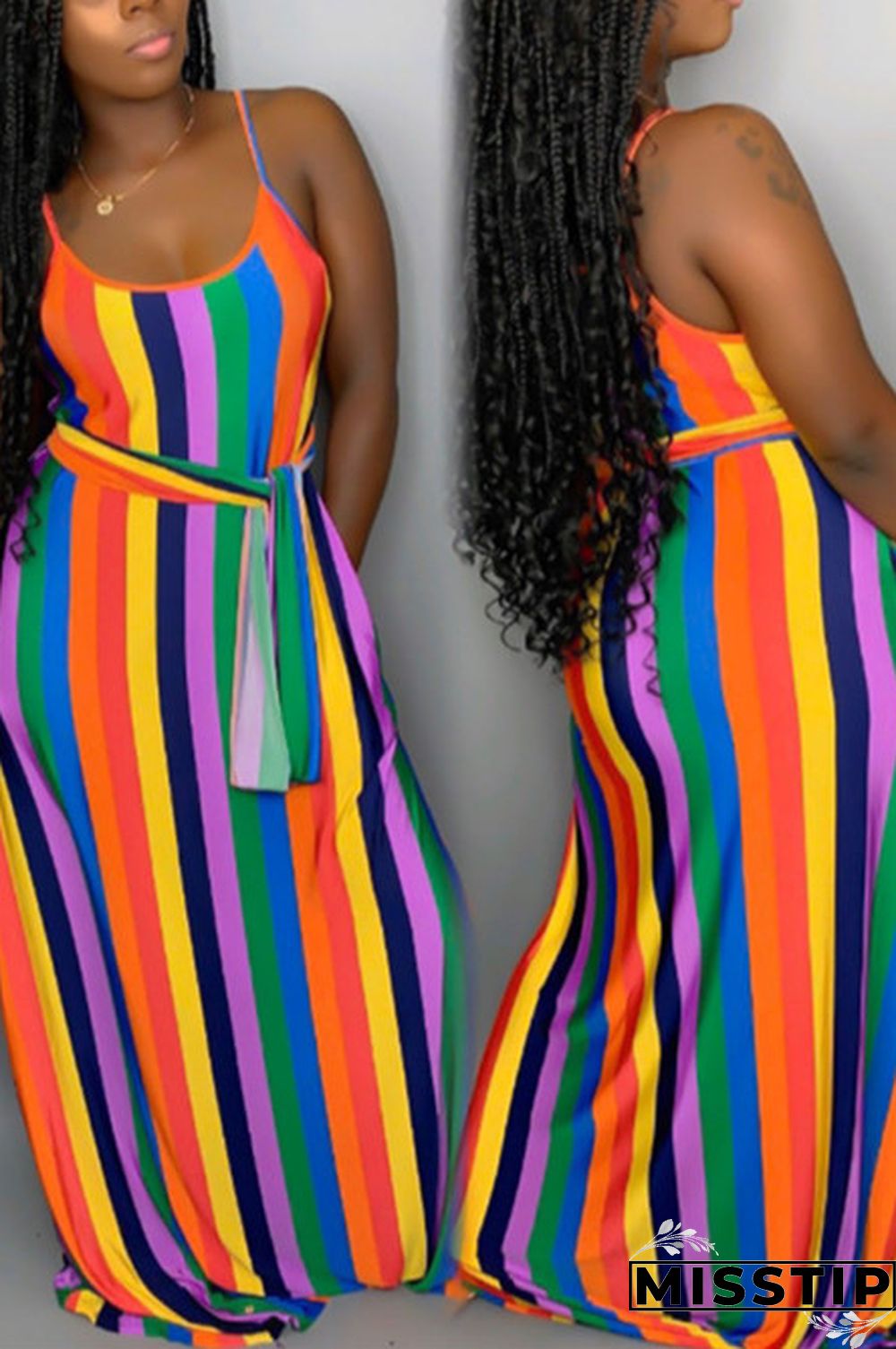 Multicolor Fashion Sexy Striped Printing Loose Dress