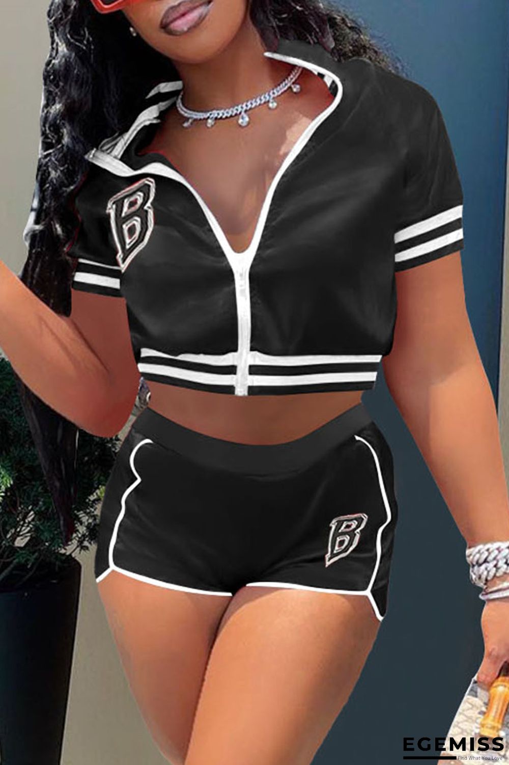 Black Fashion Casual Letter Embroidery Patchwork Zipper Collar Short Sleeve Two Pieces | EGEMISS