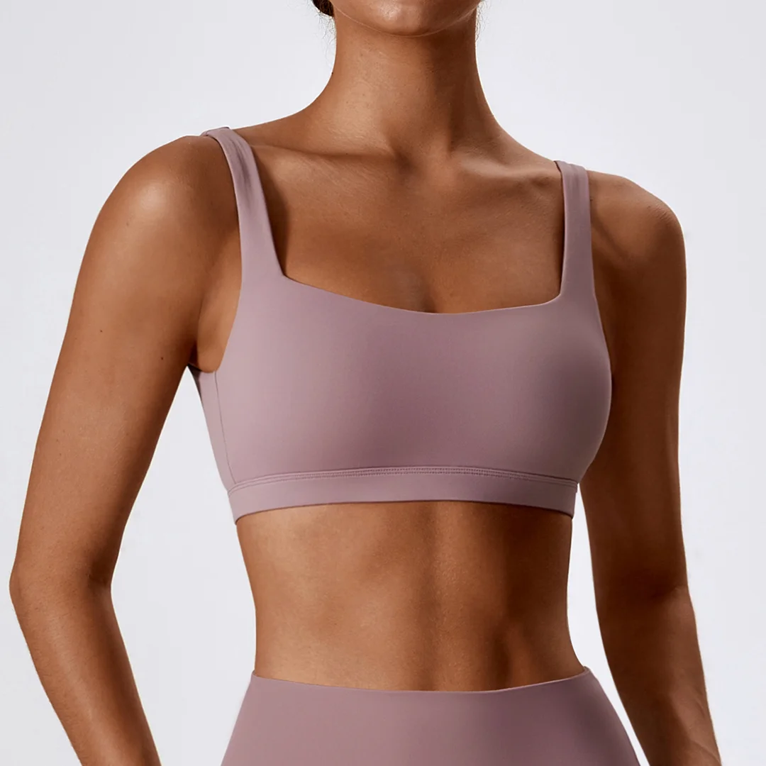 Square collar elastic yoga bra