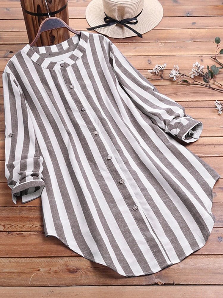 Striped Button Stand Collar Long Sleeve Linen Casual Shirt