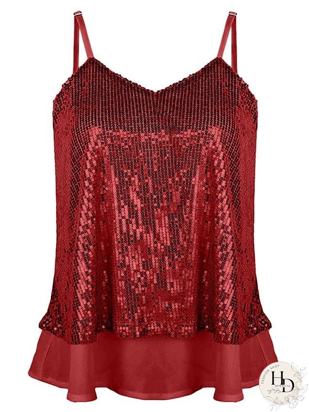Camisole Tank Top Vest Black White Yellow Sparkly Sequins Layered Sleeveless Stage Streetwear Sexy V Neck Regular S for Women