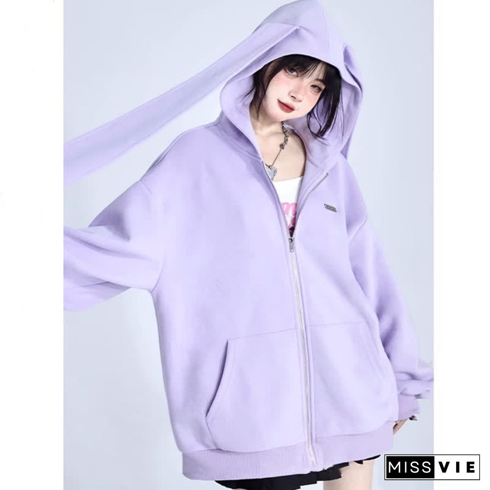 Long Bunny Ears Pocket Oversize Zipper Hooded Sweatshirt