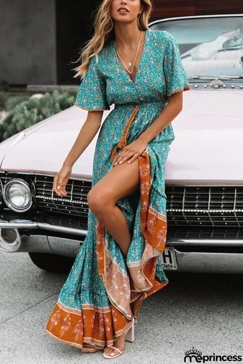 Floral Print Short Sleeve Maxi Dress