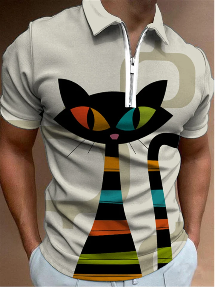 Men's Vintage Style Cat Print Zipper Polo Shirt Khaki