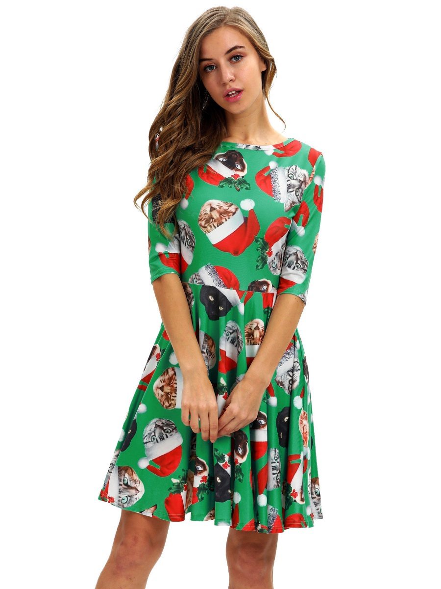 Women's Christmas Dress Printed Half Sleeve Pullover Slim Midi Dress
